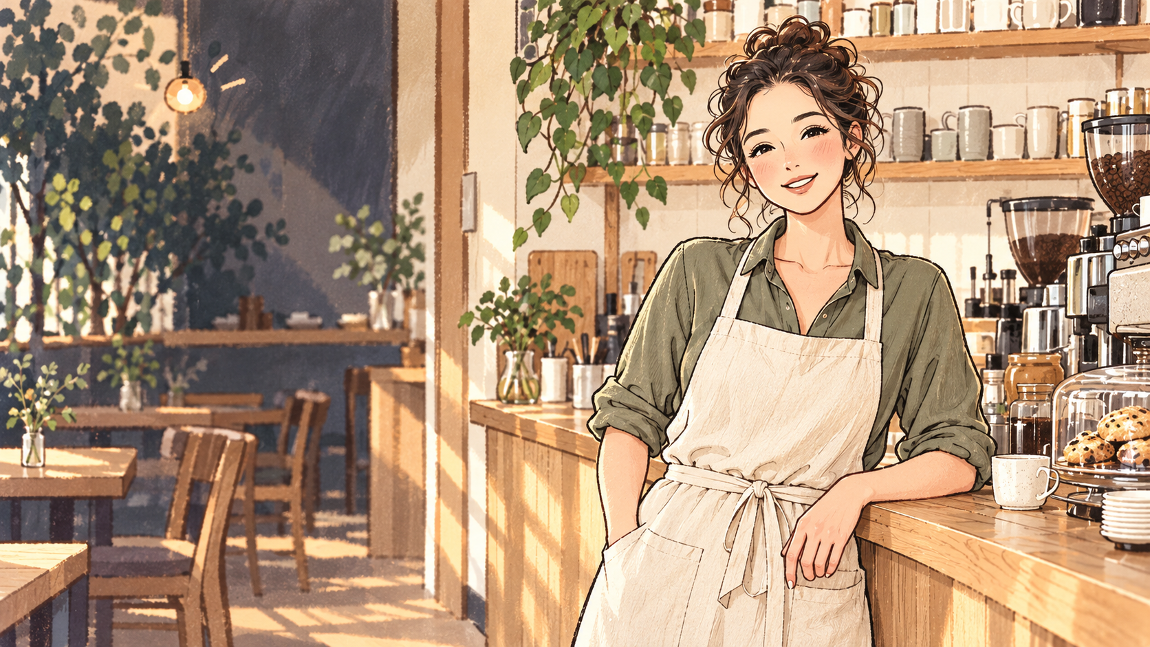 A neighborhood café owner standing at her counter
