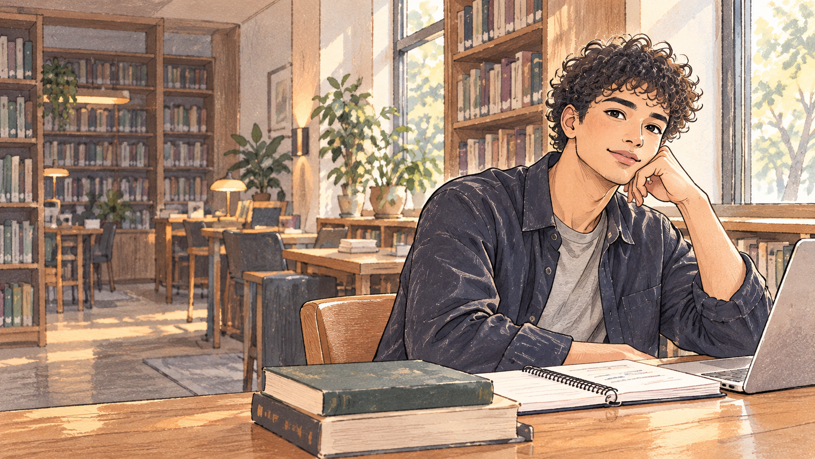 A young man in a quiet student workspace
