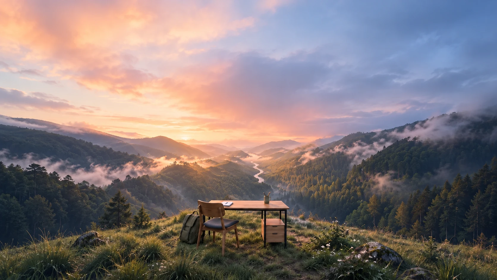 A desk and laptop overlooking a quiet valley at sunrise