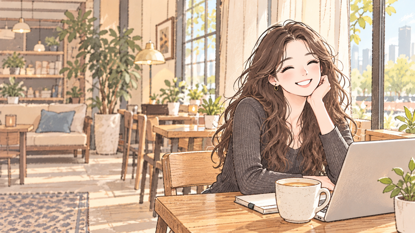 A young woman seated at a café table